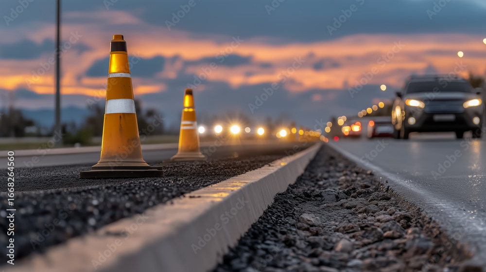 Obraz premium Road construction cones along the highway at sunset