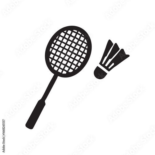 "Badminton racket and shuttlecock silhouette vector icon isolated on white.