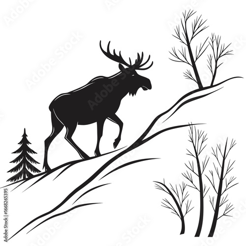 Moose on snowy hillside silhouette