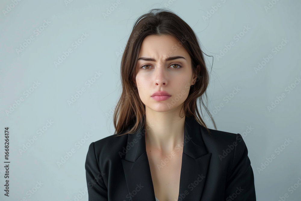 A serious young businesswoman with a pensive facial expression. A serious young businesswoman with a pensive facial expression.