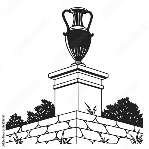 Ancient vase on stone pedestal silhouette
