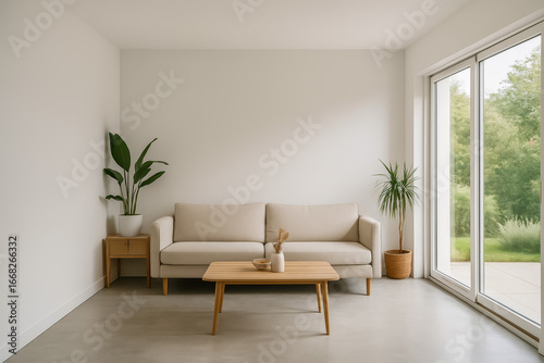 Minimalist living room with beige sofa and indoor plants