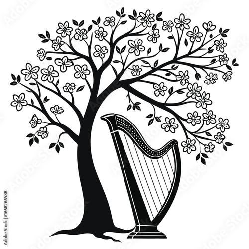 Ancient harp under flowering tree silhouette