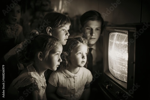 Captivated Family Watching Vintage Television in Dark Room, Monochrome Image