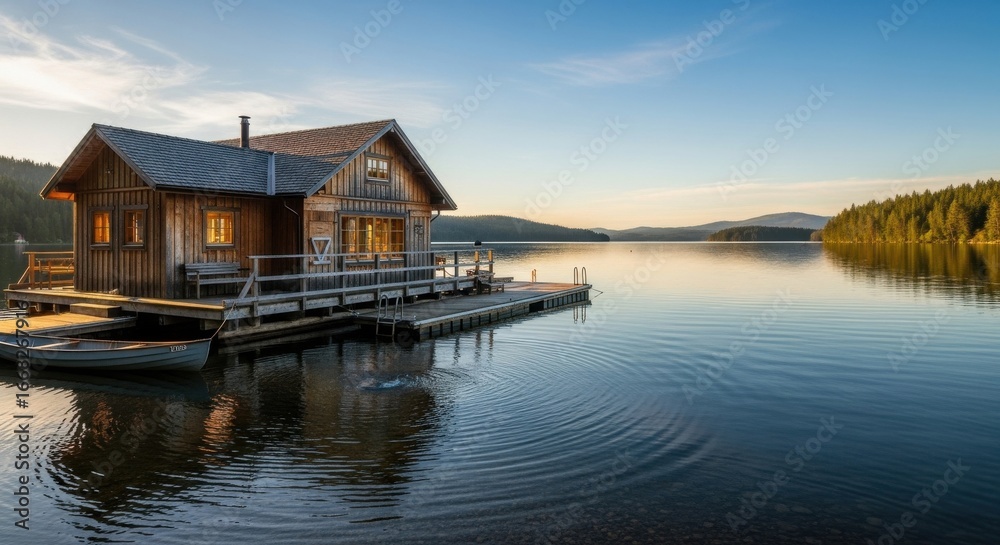 Fototapeta premium Picturesque lake house at sunrise reflecting in calm water surface