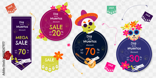Dia de los Muertos sale! Mexican Day of the Dead discount ads. Tags and stickers.Colorful skulls, promotion vectors.