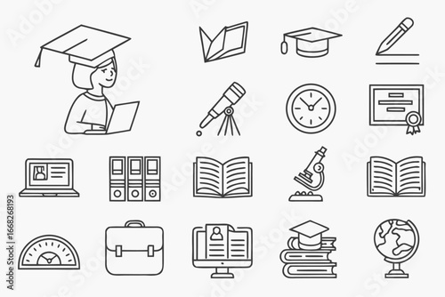 Education Icons Bundle 20+ Line Art Graduation, Learning, and Study Vector Illustrations