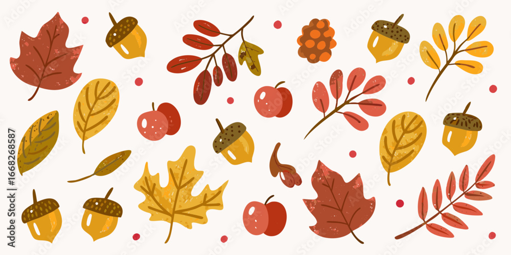 Obraz premium Autumnal Harvest A Whimsical Pattern of Leaves Acorns and Apples