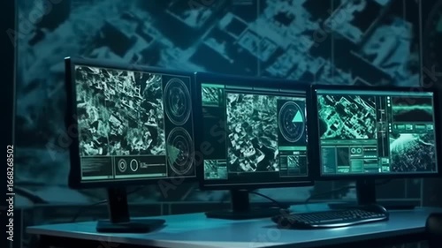 Multiple computer monitors displaying complex data visualizations, likely aerial or satellite imagery, in a dark, technologically advanced room