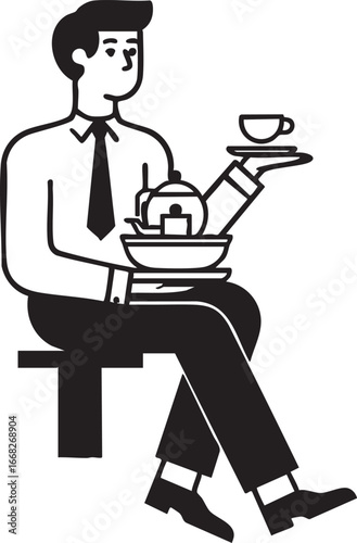 Vector illustration: man serving tea, waiter with teapot and cup eps silhouette