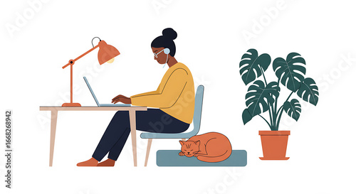 Focused Black Woman Working Remotely on Laptop in Cozy Home Office with Cat and Plant