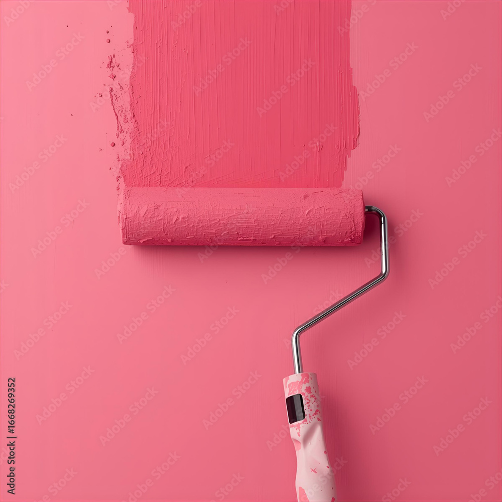 Obraz premium Pink paint roller applying color to a pink wall