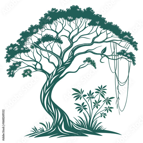Illustration of a tree with liana in green color