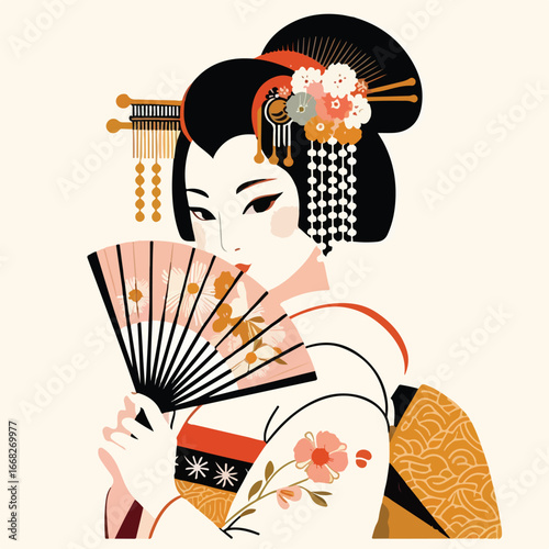 Image of a Japanese Geisha with a folding fan with a simple and minimalist flat design using a white background.