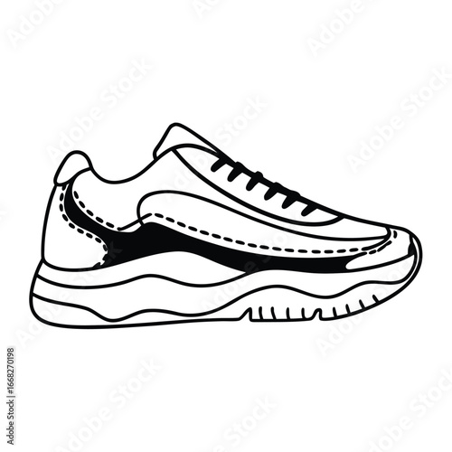 Vector illustration of a chunky sneaker, black and white outline icon.

