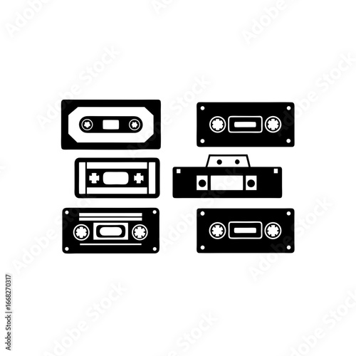 6 different cassette player silhouette vector icon