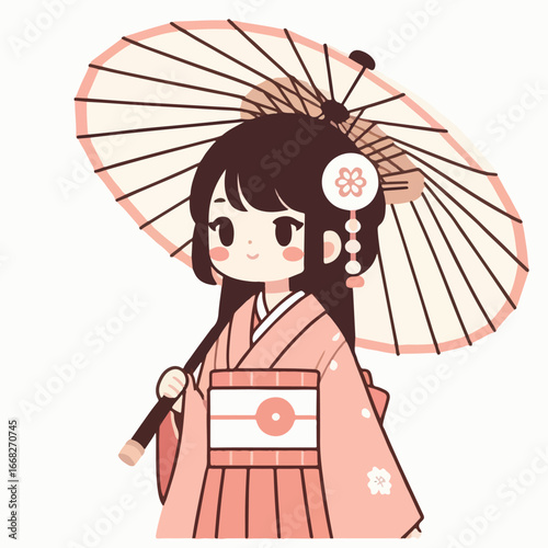 Image of a Japanese girl carrying a paper umbrella with a simple and minimalist flat design using a white background