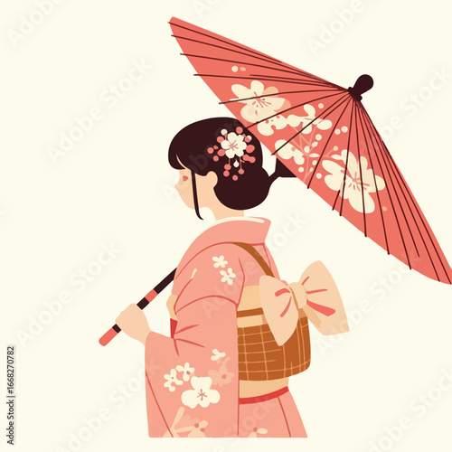 Image of a Japanese girl carrying a paper umbrella with a simple and minimalist flat design using a white background