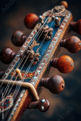 Close-up of a Decorated Sitar Headstock with Intricate Carvings and Tuning Pegs