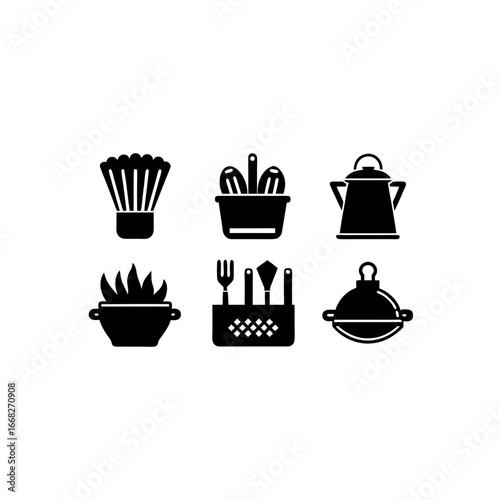 6 different deep fryer silhouette vector icons set