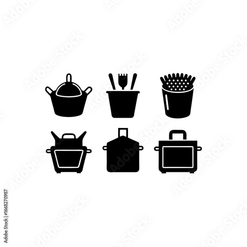6 different deep fryer silhouette vector icons set