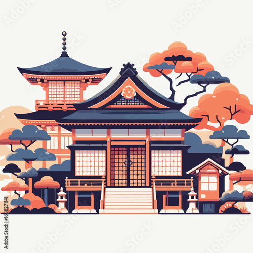 Tokyo night view image with neon lights with a simple and minimalist flat design using a white background