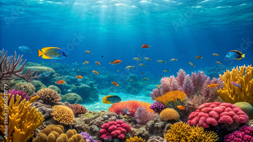 Fototapeta Naklejka Na Ścianę i Meble -  Vibrant underwater coral reef teeming with colorful fish and clear blue water ocean marine life