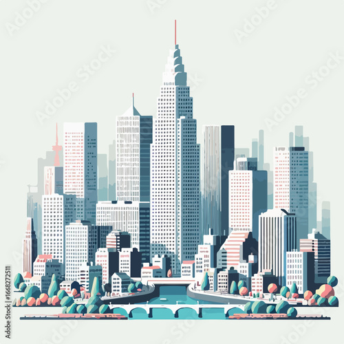 Image of Tokyo City with skyscrapers with a simple and minimalist flat design using a white background