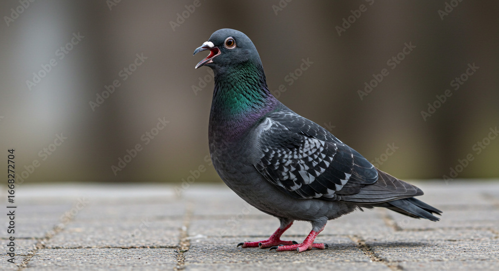 Obraz premium Majestic pigeon cooing with vibrant iridescent feathers, perfect for nature or city life editorial content