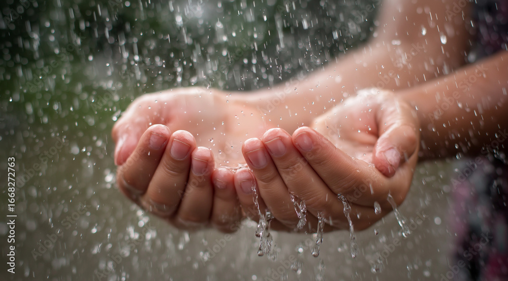 Fototapeta premium Hands catching falling rain drops in cupped palms during a rain shower
