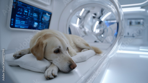 A Labrador retriever lies calmly inside an MRI machine during a medical examination in a modern veterinary diagnostic facility.
