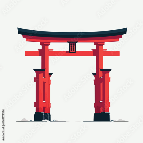 Image of a typical Japanese red Torii Gate with a simple and minimalist flat design using a white background.