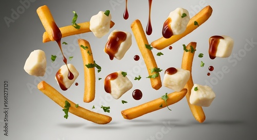 Dynamic Poutine Elements Falling: Crispy French Fries, Soft Cheese Curds, and Rich Gravy in Motion