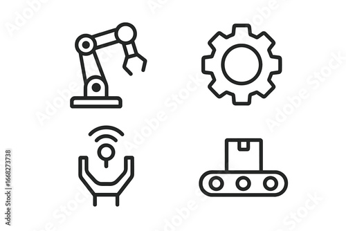 Robotic arm, gear, sensor, conveyor belt icons for industrial automation and technology