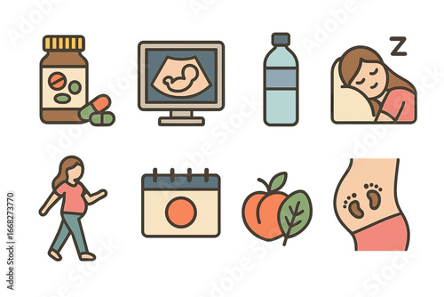 Pregnancy health and wellness icons: ultrasound, vitamins, healthy food, sleep, baby footprints