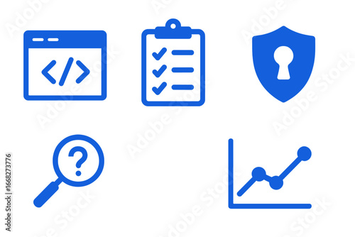 Blue digital work icons for coding, checklist, security, search, and analytics