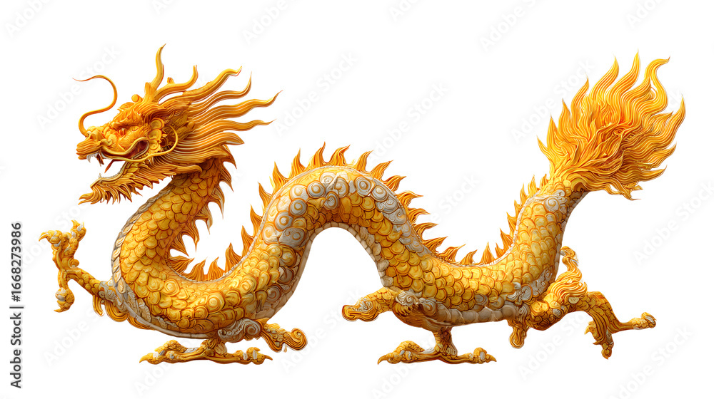 Fototapeta premium Chinese golden dragon isolated on white. Golden tradtional chinese dragon isolted on white