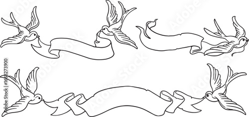 A set of vector illustrations featuring swallow birds carrying elegant ribbons. Perfect for wedding invitations, Valentine's Day cards, and vintage-style designs. The black and white line art is easy.