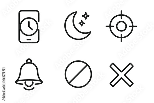 Simple line icons for time, night, target, notification, prohibition, and cancellation