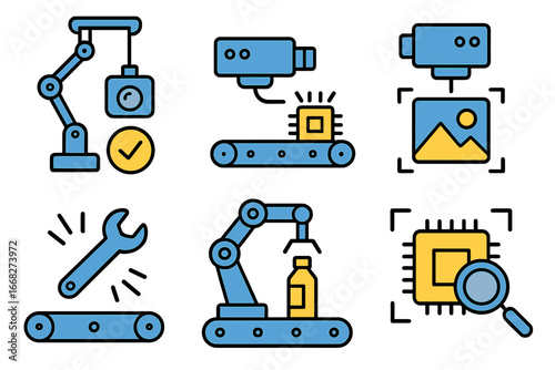 Industrial automation icons: robotic arms, conveyor belts, cameras, tools for manufacturing and quality control