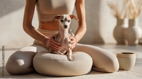 A woman in neutral workout clothes sits with a small dog on a cushion in a peaceful, minimalistic room.
