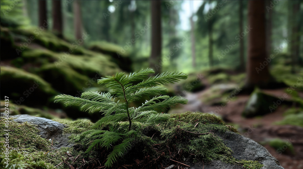 Obraz premium Young pine tree forest moss green nature tranquil growth woodland outdoors peaceful