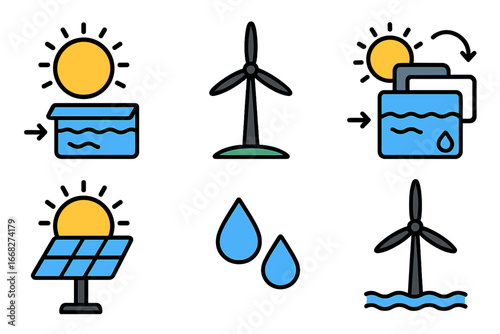 Clean energy icons: solar panels, wind turbines, water power generation