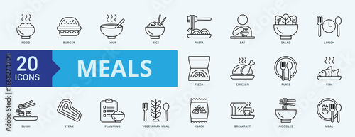 Meals icon collection set with food, burger, soup, rice, pasta, eat, salad