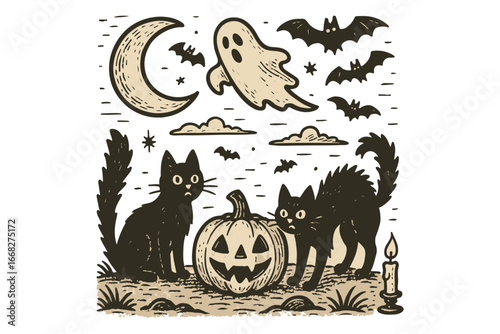 Halloween Scene with Cats Pumpkin Ghost Illustration