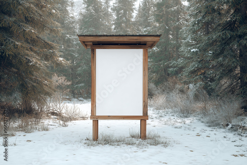 Trailhead map sign mockup | Blank acrylic board with wooden frame in snowy winter forest | Outdoor signage | Hiking trail information display