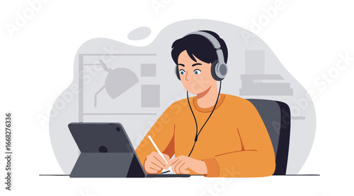 Flat vector illustration of young freelancer working on tablet with stylus and headphones, remote work concept, digital workspace, home office, minimal clean vector-friendly design