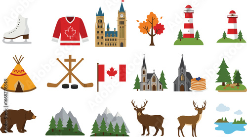 Canada icons collection, Canadian culture symbols, maple leaf, wildlife, nature, hockey, landscapes, traditions