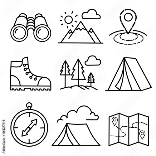 Camping and Outdoor Activity Outline Icon Set – Vector Minimal Design
(Set Ikon Outline Aktivitas Camping dan Outdoor – Desain Vektor Minimalis)