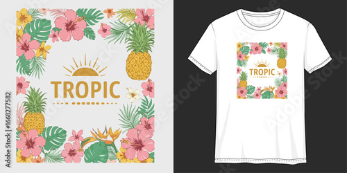 Tropical T-Shirt Design: A vibrant and eye-catching illustration of a tropical theme on a stylish t-shirt design. The design features a floral and fruity composition, perfect for summer fashion.